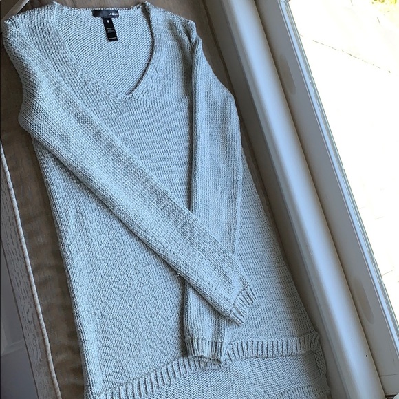Aqua Silver Grey Metallic Holiday V- Neck Sweater - Picture 2 of 5